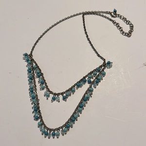 Turquoise Colored Beads Clear Crystals Double Strand Necklace